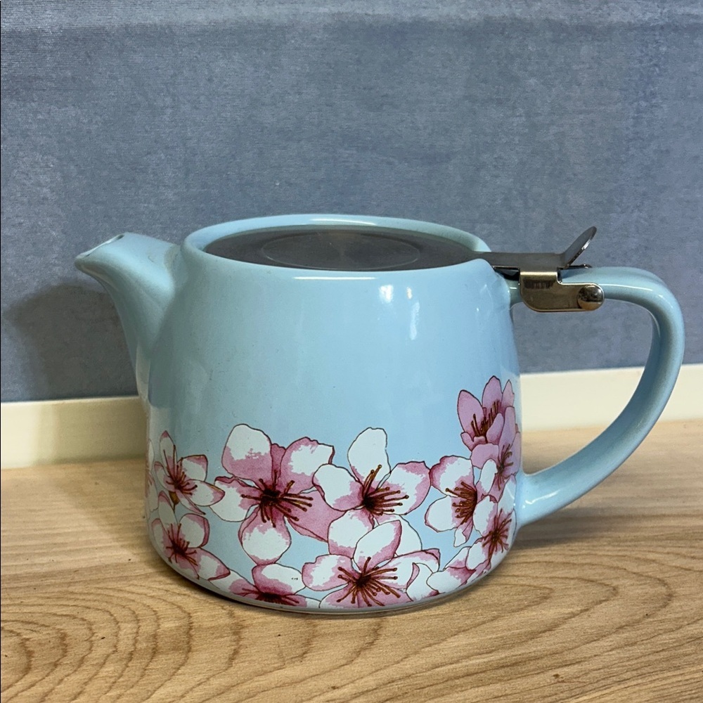 ALFRED Blue Floral TEAPOT Pink Flowers Tea Pot Ceramic Stainless Steel 20 OZ